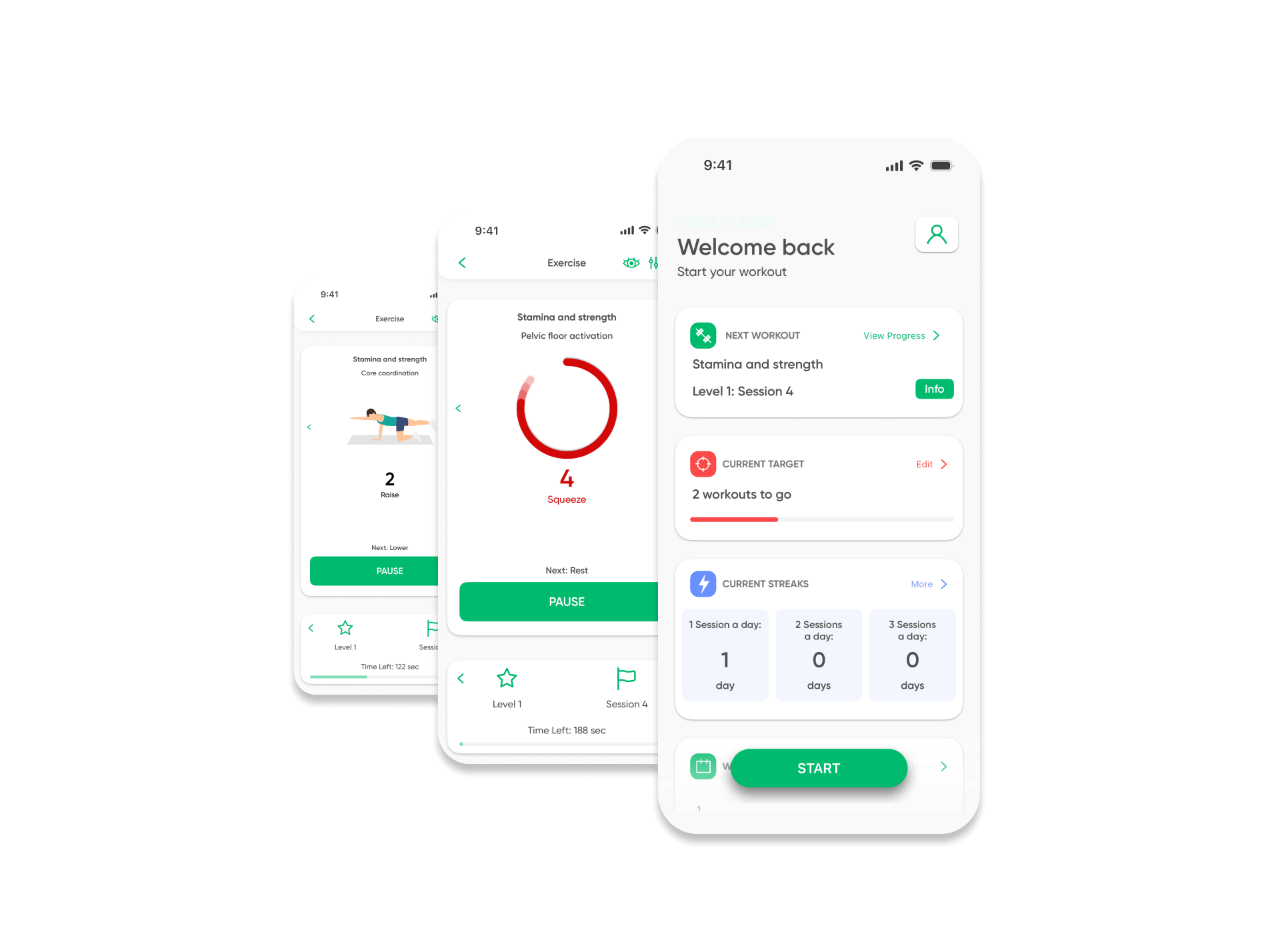 Kegel Trainer app screens showing a guided exercise, daily progress and workout plans
